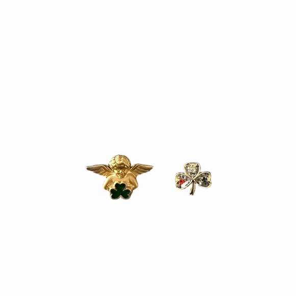 🍀 Vintage Gold Tone Angel & Shamrock Pins | Irish Luck Clover Brooch Set - Picture 5 of 5